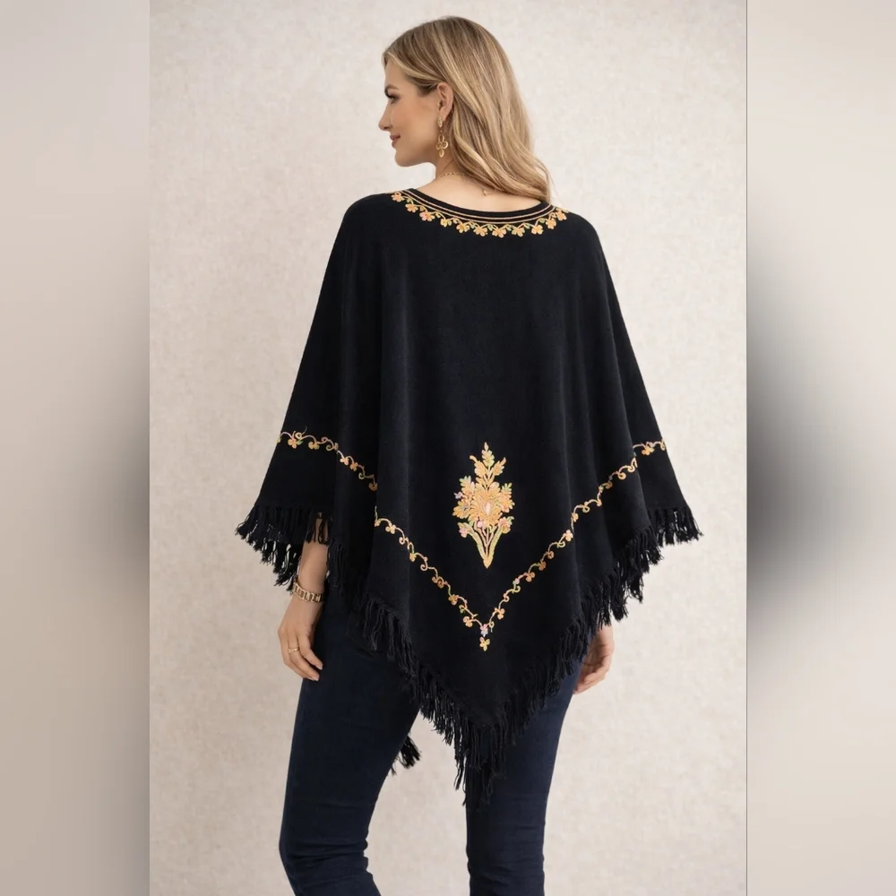 Embroidered Poncho Black Boho Fringe Hem Oversized Festival Top Bohemian Artsy - Picture 2 of 14